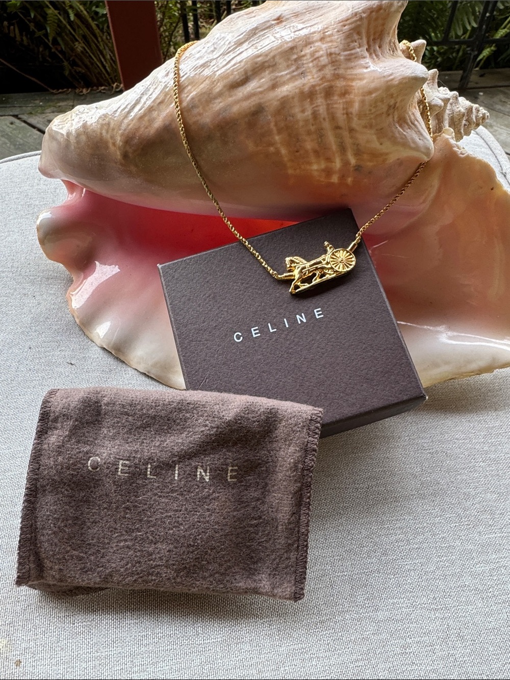 SOLD
Celine Gold Tone Chariot Pendant Necklace With Box and Dust bag approx 16.7